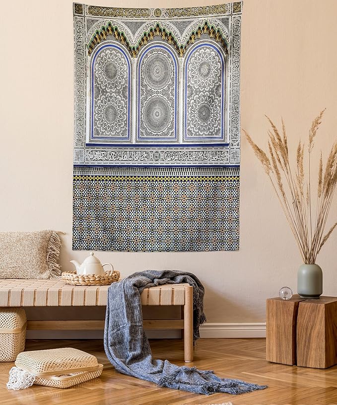 Ambesonne Orient Tapestry, Nostalgic Moroccan Architecture Stone Carving and Motifs Majestic Ottoman Empire, Fabric Wall Hanging Decor for Bedroom Living Room Dorm, 30" X 45", Grey Blue