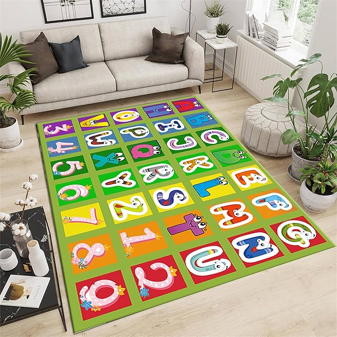 Kids Area Rug English Characters ABC and Math Symbols Learning Carpets, Cute Cartoon Colored Washable Foldable Door Mat in Predominantly Cyan Colors Ideal for Living Dining Room Bedside, 5x7ft