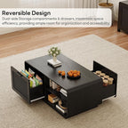 LIKIMIO 39.4" Rattan Coffee Table with Storage Drawers, Safety Curved Corners & 4-Tier Adjustable Shelves, Sturdy Base, Wood Center Table for Living Room, Black