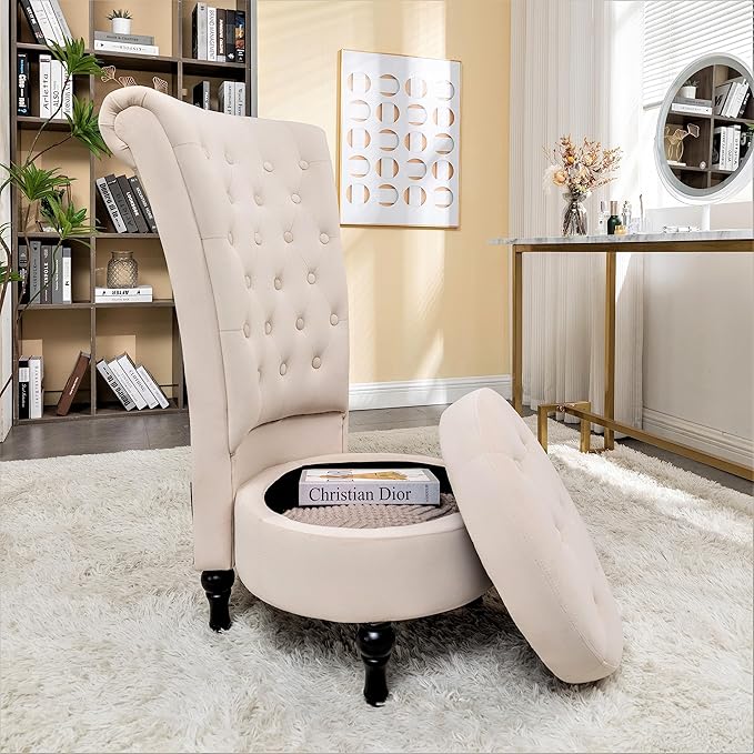 Royal High-Back Velvet Accent Chair for Vanity with Storage and Luxurious Upholstery, Retro Design and Versatile Usage for Living Room, Bedroom, Lounge and Office, Ivory