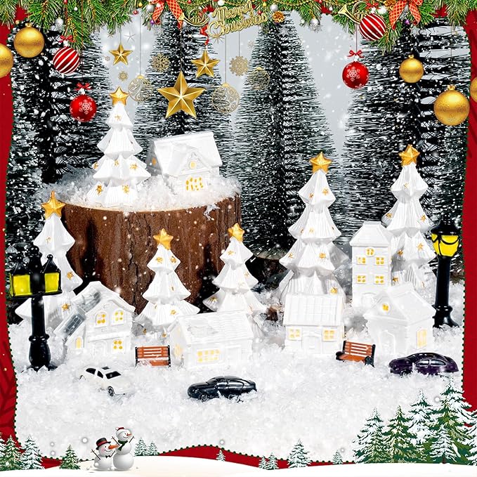 Bbiamsleep 1 Inch Christmas Mini Village Sets White Resin Miniature Village Houses Figurines and Accessories Christmas Miniature Houses for Home Xmas Winter Decor, Set of 19