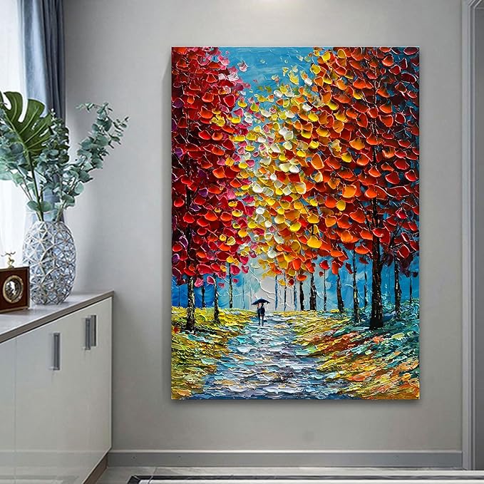 Art Hand-Painted Modern 3D Abstract Oil Painting 45x30 Inch Large Forest Landscape Vertical red Canvas Wall Art Living Room Bedroom Art Decoration