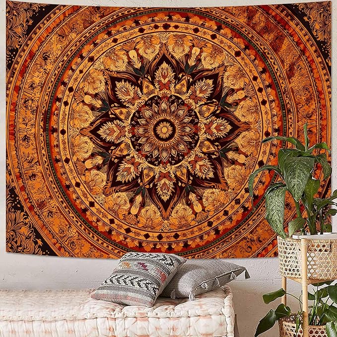Lifeel Orange Mandala Tapestry, Bohemian Medallion Hippie Decor Home Tapestries for Bedroom Living Room, 60x80 inches