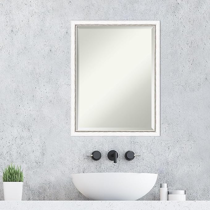 Amanti Art White Wall Mirror 26x20 Morgan White Silver Rectangle Bathroom Mirror for Wall Decor Living Room, Medium Modern Wood Frame, Hangs Horizonally and Vertically, Bathroom Decor, Beveled Edge