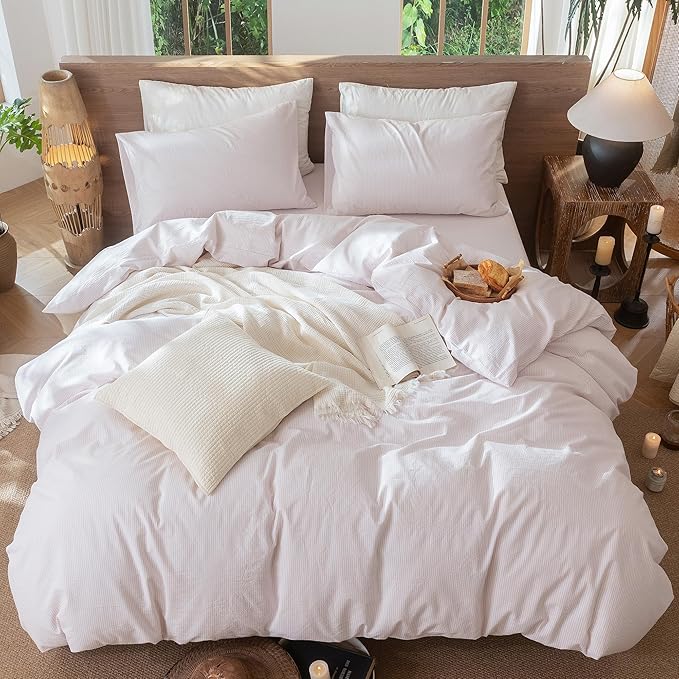 MooMee Striped Duvet Cover Set 100% Washed Cotton Linen Like Textured Breathable Durable Soft Comfy (Heathered Greyish Pink Pinstripes, King 104"x90")
