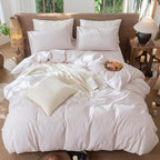 MooMee Striped Duvet Cover Set 100% Washed Cotton Linen Like Textured Breathable Durable Soft Comfy (Heathered Greyish Pink Pinstripes, Full 80"x90")
