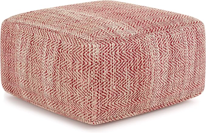 SIMPLIHOME Nate Square Pouf - 20 inch Wide Upholstered Handwoven Cotton Ottoman in Patterned Maroon Melange, Boho Footstool or Extra Seating for Living Room with Artisanal Texture, Assembled