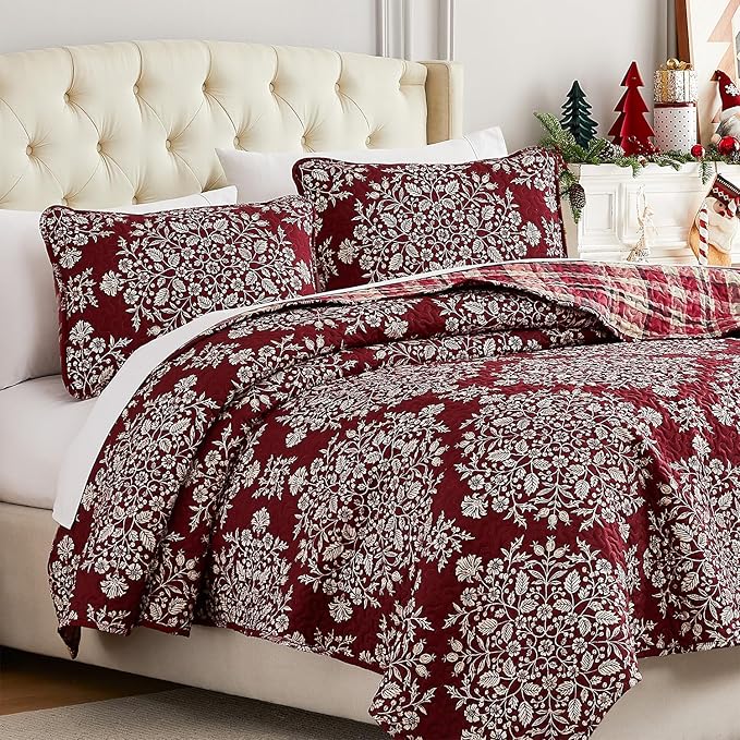 Southshore Fine Living, Inc. Christmas Quilt, Queen Size Size with 2 Pillow Shams, Reversible Plaid Christmas Bedding Set, Coverlet Queen Size - Red Plaid