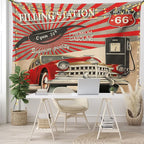 Ambesonne Cars Tapestry, Poster Style Image Gasoline Station Commercial Element Route 66 IllustrationPrint, Fabric Wall Hanging Decor for Bedroom Living Room Dorm, 45" X 30", Vermilion Beige