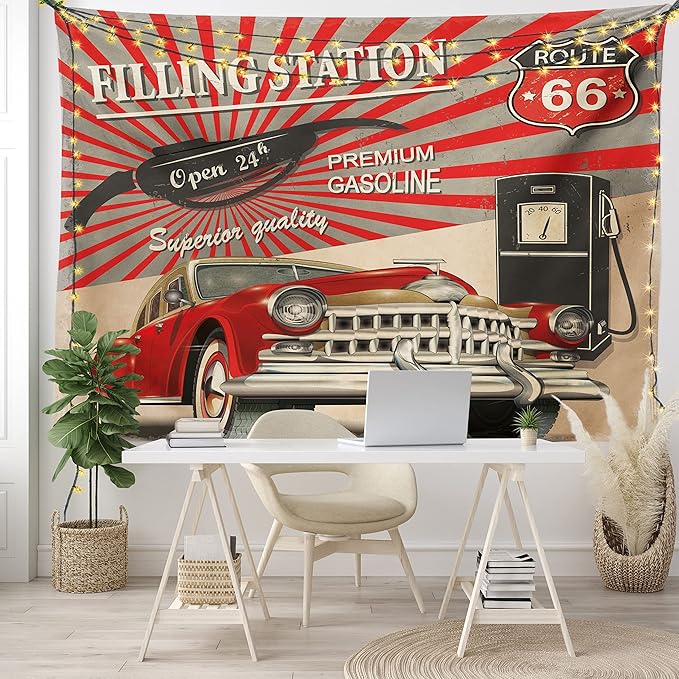Ambesonne Cars Tapestry, Poster Style Image Gasoline Station Commercial Element Route 66 IllustrationPrint, Fabric Wall Hanging Decor for Bedroom Living Room Dorm, 28" X 23", Vermilion Beige
