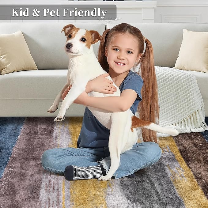Ciicool Modern Abstract Rug for Living Room, 10'x14' Machine Washable Area Rug Non-Slip Rug, Low-Pile Contemporary Indoor Dining Floor Carpet for Bedroom Office Under Table Home Decor Yellow Grey