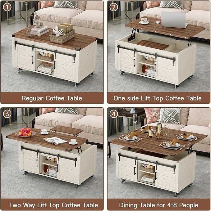 40” Farmhouse Coffee Table Bilateral Lift Top with Sliding Barn Door Movable Rustic Square Center Table with Large Hidden Storage Compartment Lifting Tabletop for Home Living Room,Office (White)