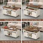 40” Farmhouse Coffee Table Bilateral Lift Top with Sliding Barn Door Movable Rustic Square Center Table with Large Hidden Storage Compartment Lifting Tabletop for Home Living Room,Office (White)