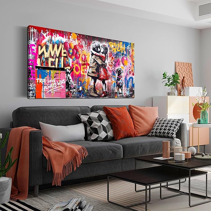 CIRABKY Graffiti Canvas Wall-Art for Dorm Room Girl - Colorful Wall Decor for Living Room - Boy Hugs Girl Print Large Painting Size 24" x 48"