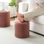 Ottoman with Storage Set of 2, Velvet Round Storage Ottoman, Upholstered Sponge Vanity Stool Support 300lbs, Multifunctional Coffee Table Foot Rest Ottoman for Living Room Bedroom, Pink