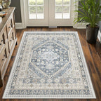 4x6 Area Rugs for Living Room, Non-Slip Backing Small Kids Rugs for Bedroom, Vintage Floral Rug Home Decor, Low Pile Soft Washable Rug for Kitchen, Dining Room (Blue/Beige,4'x6')