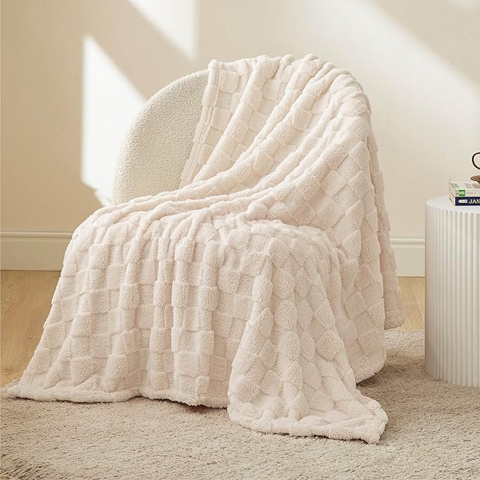 Bedsure GentleSoft Cream Throw Blanket for Couch - Checkered Fleece Blankets Gifts for Women Men Girls, Cute Soft Cozy Throw for Bedroom Home Decor Gifts, 50x60 Inches