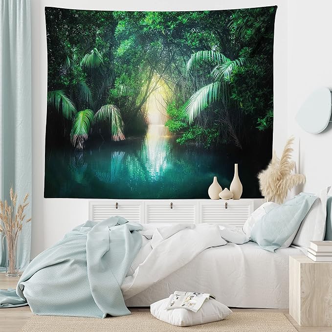 Ambesonne Jungle Tapestry King Size, Tropical Lake Mangrove Rainforest Pathway Through Sri Lanka Travel Destination, Wall Hanging Bedspread Bed Cover Wall Decor, King Size, Green Teal