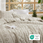 Bedsure Tufted Boho Comforter Set Full Size - Linen Boho Bed Set, GentleSoft™ 3 Pieces Farmhouse Shabby Chic Embroidery Bedding, Gifts for Woman, Soft Jacquard Full Comforter for All Seasons