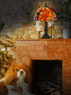 KY&BOSAM Tiffany Style Table Lamp Stained Glass Red Rose Desk Lamp Lights 19 Inch Tall Glass 12 Inch Wide Shade Beside Lamp1 Bulb Antique Zinc Base for Home Living Room Bedroom Kitchen Table Top Décor