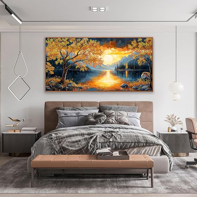 Large Wall Art For Living Room Canvas Art Wall Decor Modern Artwork Gold Tree River Sunrise Landscape Paintings Print Pictures For Bedroom Apartment Office Mural Aesthetic Artwork 29 X 58 In With Framed