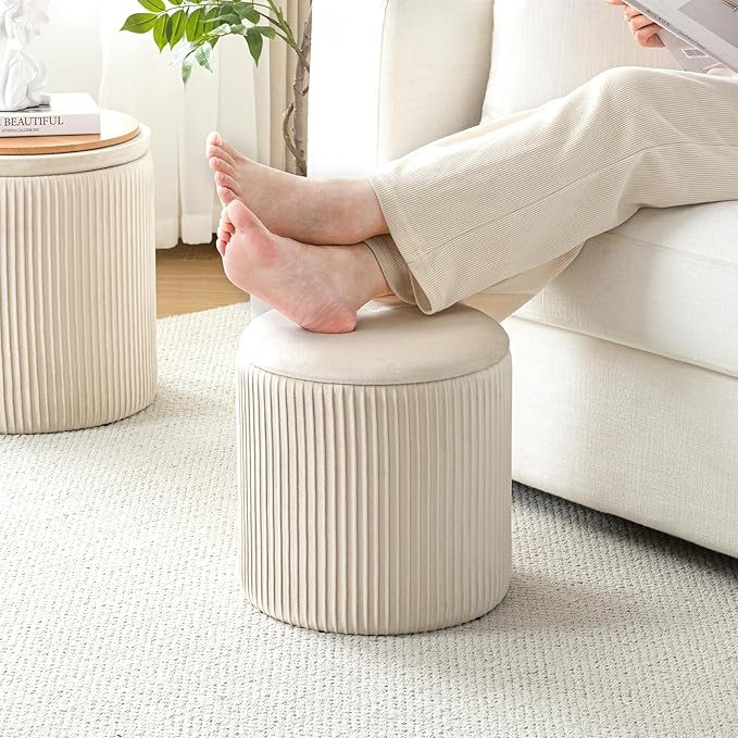 Ottoman with Storage Set of 2, Velvet Round Storage Ottoman, Upholstered Sponge Vanity Stool Support 300lbs, Multifunctional Coffee Table Foot Rest Ottoman for Living Room Bedroom, Beige