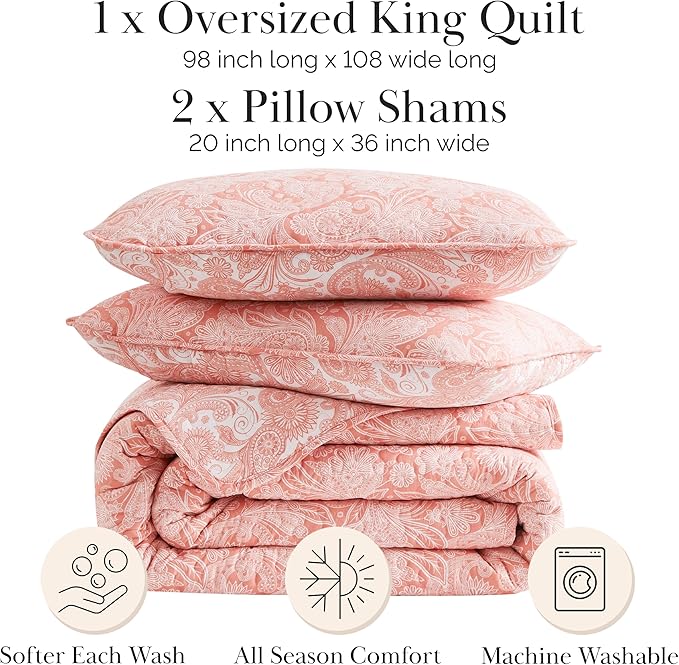 Southshore Fine Living, Inc. Paisley Quilt Set King/California Size, Light Weight Bedspread, 3-Piece Set Bohemian Bedding with Two Matching Quilted Pillow Shams, Cal/King Quilt, Reversible Coral
