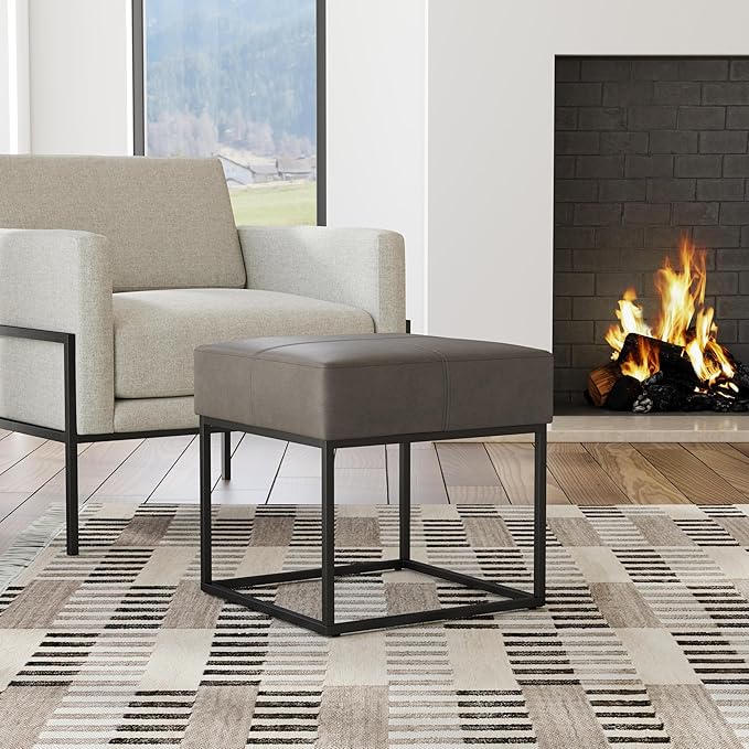 Homepop Decorative Small Square Black Metal Ottoman | Ottoman Stool for Living Room & Bedroom | Decorative Home Furniture (Pewter Gray Faux Leather)
