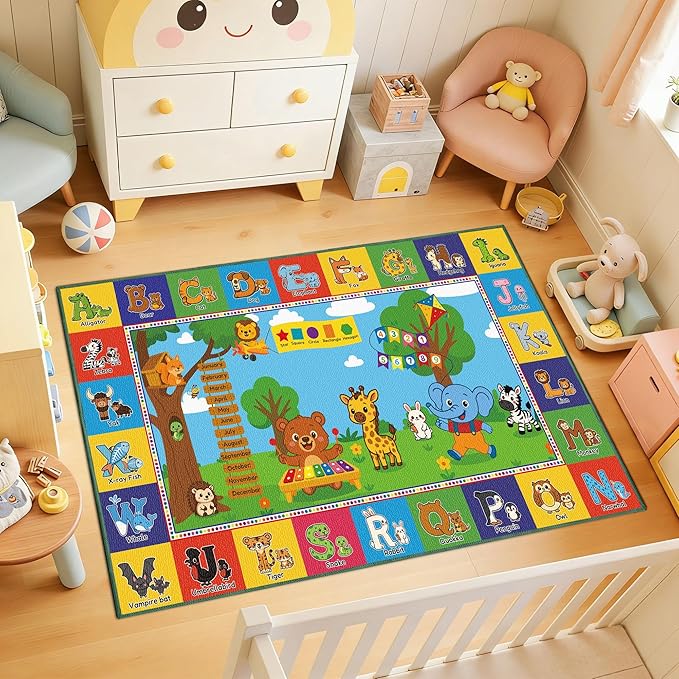Upgrade Ultra Non Slip Kids ABC Rug for Kids Playroom – 2x3 Washable Alphabet Educational Learning Play Mat for Toddlers Baby, Colorful Carpet with Animals for Nursery, Classroom & Bedroom, 24"x40"