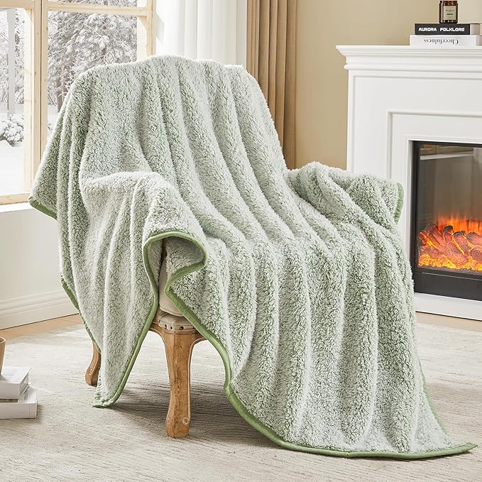 EMME Soft Sherpa Fleece Blanket Reversible Plush Fluffy Large Blanket, Light Weight Warm Decorative Boho Blanket Cover for Sofa, Couch, Bedroom,Travel(Plush Sage,50"x60")