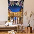 Ambesonne Landscape Tapestry, Night Panoramic View Vecchio Bridge Florence Italy Colorful Fireworks, Fabric Wall Hanging Decor for Bedroom Living Room Dorm, 23" X 28", Purple Yellow