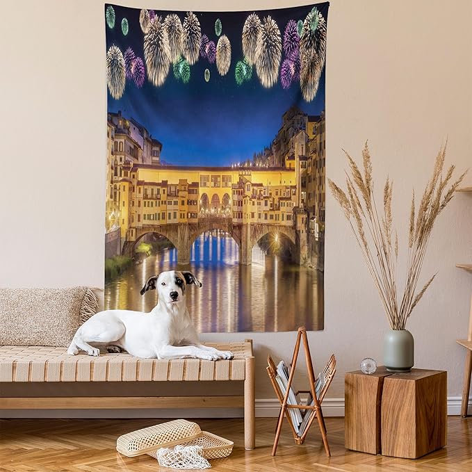 Ambesonne Landscape Tapestry Queen Size, Night Panoramic View Vecchio Bridge Florence Italy Colorful Fireworks, Wall Hanging Bedspread Bed Cover Wall Decor, 88" X 88", Purple Yellow