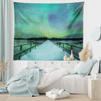 Ambesonne Aurora Borealis Tapestry, Long Mystic Sky over Bridge in Snowy Arctic Frozen River Image, Fabric Wall Hanging Decor for Bedroom Living Room Dorm, 45" X 30", Lime Green Petrol Blue