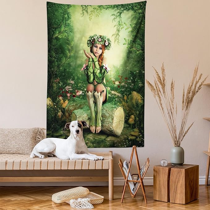 Ambesonne Tale Tapestry Twin Size, Computer Art Elf Girl Wreath Her Head Sitting on a Tree Stump, Wall Hanging Bedspread Bed Cover Wall Decor, 68" X 88", Green Beige Pink