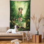 Ambesonne Tale Tapestry Twin Size, Computer Art Elf Girl Wreath Her Head Sitting on a Tree Stump, Wall Hanging Bedspread Bed Cover Wall Decor, 68" X 88", Green Beige Pink
