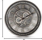 CLXEAST 24 Inch Large Moving Gear Wall Clock for Living Room Decor, Antique Silver Metal Roman Numerals Wall Clocks for Home Office