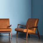 Poly & BARK Rowan Lounge Chairs Set of 2 – Mid Century Modern Leather Armchairs with Ribbed Seat and Solid Ash Wood Frame, Cognac Tan