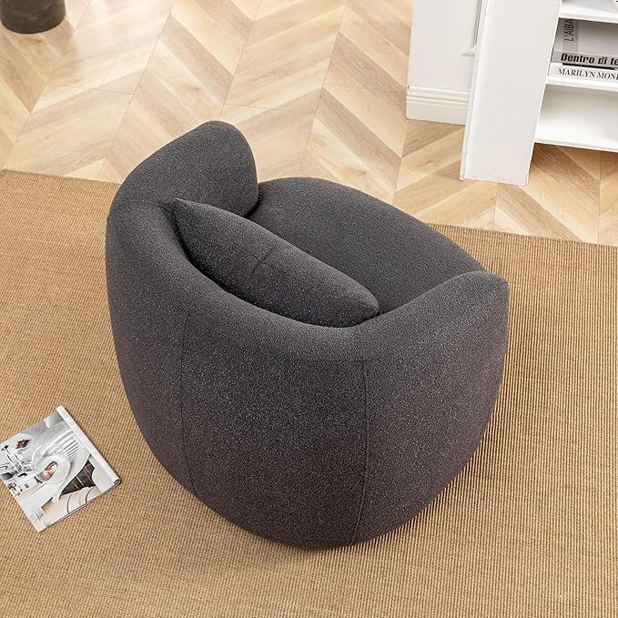 KINWELL 34" Boucle Swivel Barrel Chair with 23" Ottoman Set, Fully Assembled Set of Sherpa Accent Chair and Footrest, Modern Comfy Armchair and Footstool for Living Room and Bedroom, Dark Grey