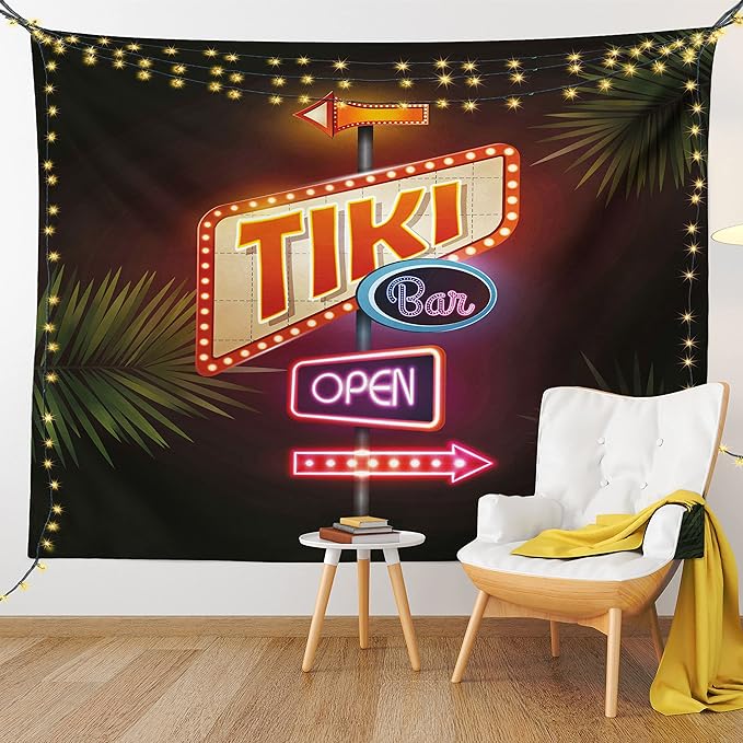 Ambesonne Tiki Bar Tapestry, Old Fashioned Neon Signs Illustration of Open Bar Palm Tree Branches Roadside, Wide Wall Hanging for Bedroom Living Room Dorm, 60" X 40", Dark Purple