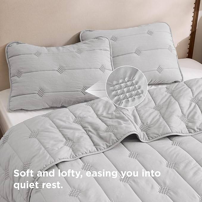 Bedsure Quilts Queen Size – Ultra Soft Cloud Lightweight Bedspread Coverlet Set with 2 Pillow Shams, Breathable & Cozy Comforter Set for All Season Use, Light Grey, 3 Piece (90x96 Inches)