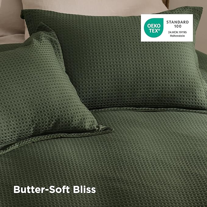 Bedsure Luxury Waffle Duvet Cover King Size - Textured Duvet Cover Set, Soft, Breathable Bedding Set (104"x90") with 2 Pillow Shams for All Season, Olive Green, Comforter Not Included