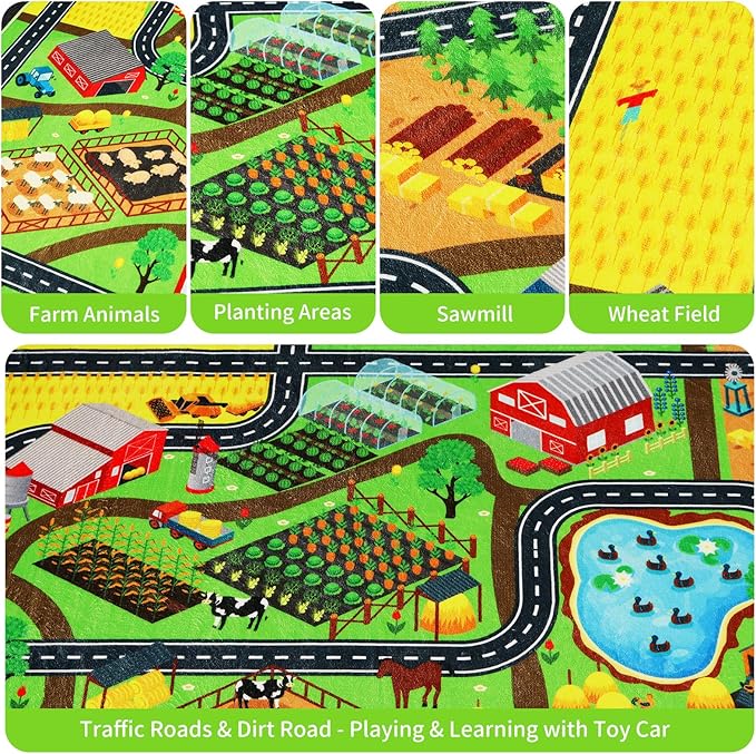 Kids Rug Play Rug for Toy Cars, 39.4"×59" Farm Life Road Traffic for Playroom Kid Car Road Mat Village Map Play Mat Non-Slip Washable Carpet for Toddler Boy Family Tummy Time Playtime