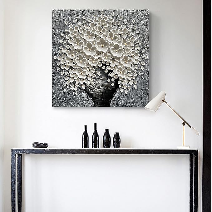 White Flower Oil Painting Modern Abstract Art Oil Painting Home Bedroom, Dining Room, Living Room, Office Wall Decoration (20x20 inches)