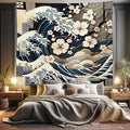 Ambesonne Anime Tapestry King Size, Ukiyo-e Style Cultural Art Design with Squama Scales Waves Cherry Blossoms, Wall Hanging Bedspread Bed Cover Wall Decor, 104" X 88", Taupe Beige Dark Blue