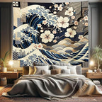 Ambesonne Anime Tapestry King Size, Ukiyo-e Style Cultural Art Design with Squama Scales Waves Cherry Blossoms, Wall Hanging Bedspread Bed Cover Wall Decor, 104" X 88", Taupe Beige Dark Blue