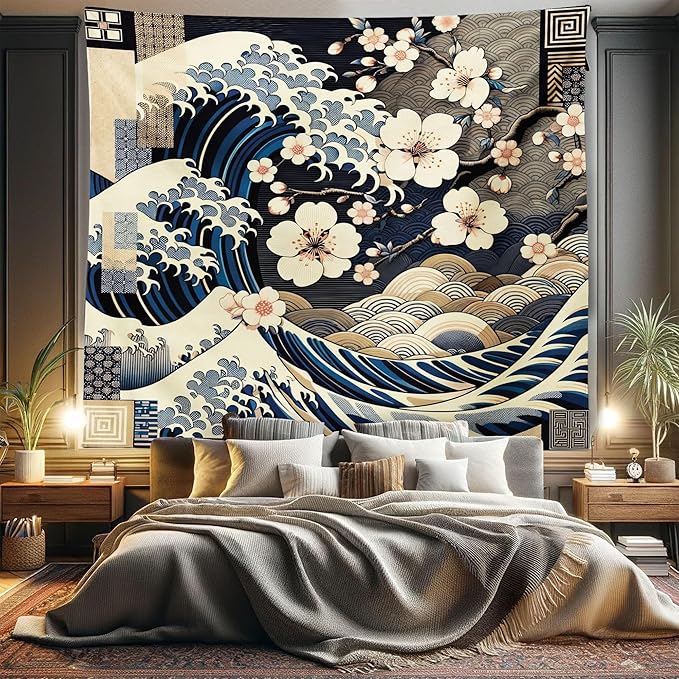 Ambesonne Anime Tapestry King Size, Ukiyo-e Style Cultural Art Design with Squama Scales Waves Cherry Blossoms, Wall Hanging Bedspread Bed Cover Wall Decor, 104" X 88", Taupe Beige Dark Blue