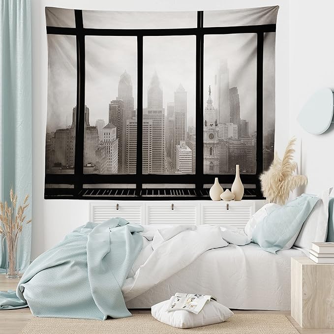 Ambesonne City Tapestry, Philadelphia City Rooftop View Through Window Skyline Landmark Rooftop Travel, Fabric Wall Hanging Decor for Bedroom Living Room Dorm, 28" X 23", Grey Black