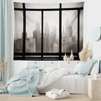 Ambesonne City Tapestry King Size, Philadelphia City Rooftop View Through Window Skyline Landmark Rooftop Travel, Wall Hanging Bedspread Bed Cover Wall Decor, 104" X 88", Grey Black