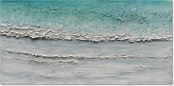 Art Hand-Painted Blue and White Ocean Landscape Oil Painting Modern Abstract Canvas Art Home Wall Decoration 24x48 inches