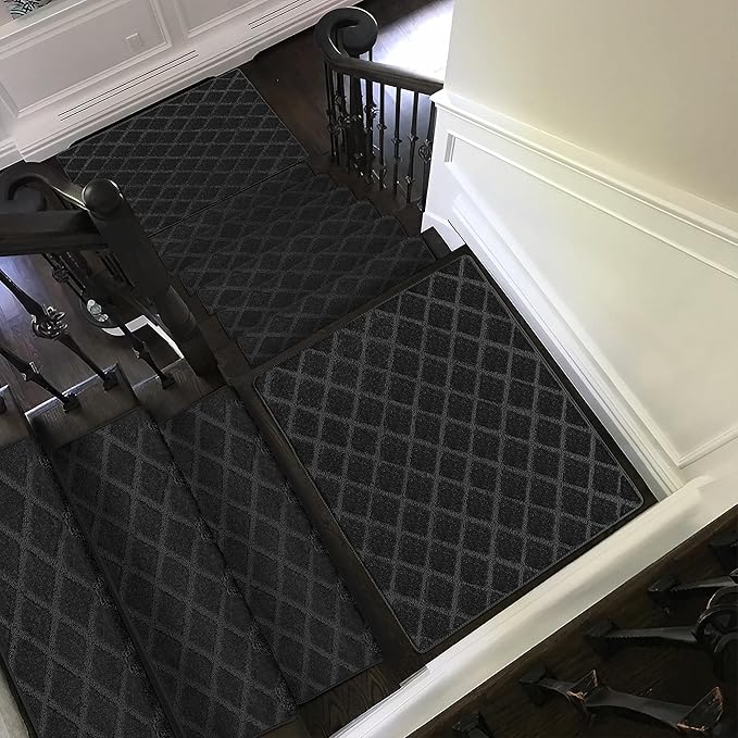 PURE ERA Bullnose Carpet Stair Treads Tape Free Non-Slip Indoor Stair Protectors Pet Friendly Stair Treads for Wooden Steps 9.5" x 30"(14 Pieces,Black Diamond Trellis)